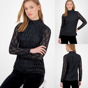 Anne Klein Mock Neck Glitter Textured Blouse Long Sleeve Back Zip Hits at Hip